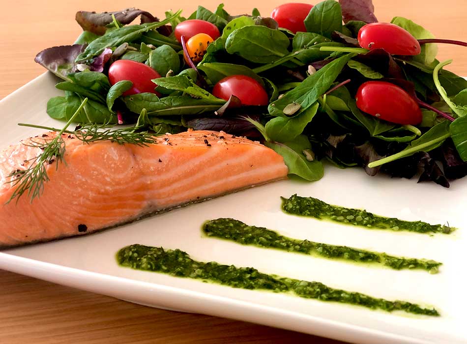 Hemp Salsa Verde with Baked Salmon and Salad Greens